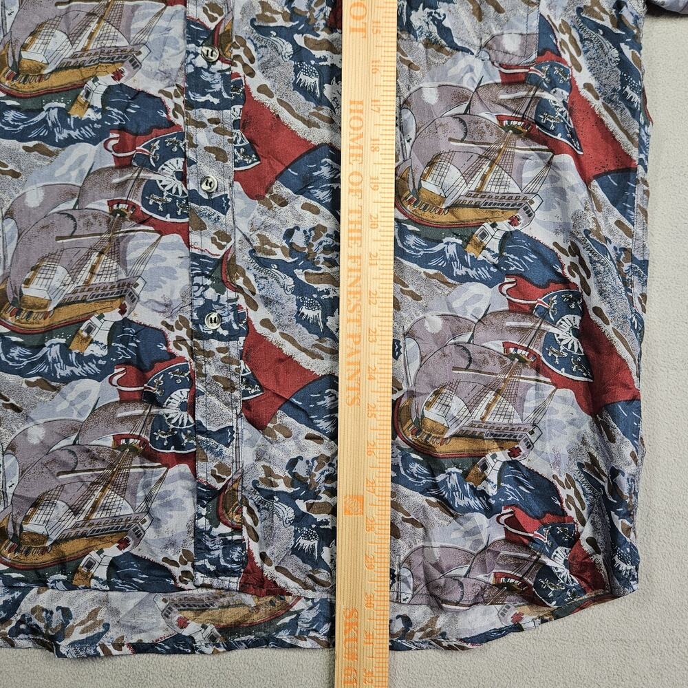 Vintage Pure Silk Shirt Mens Large Nautical Boating Ship Captian Blue Cruise AOP - Picture 10 of 11